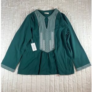 New She & Sho Green Embroidered Peasant Blouse Top Medium Bohemian Style‎